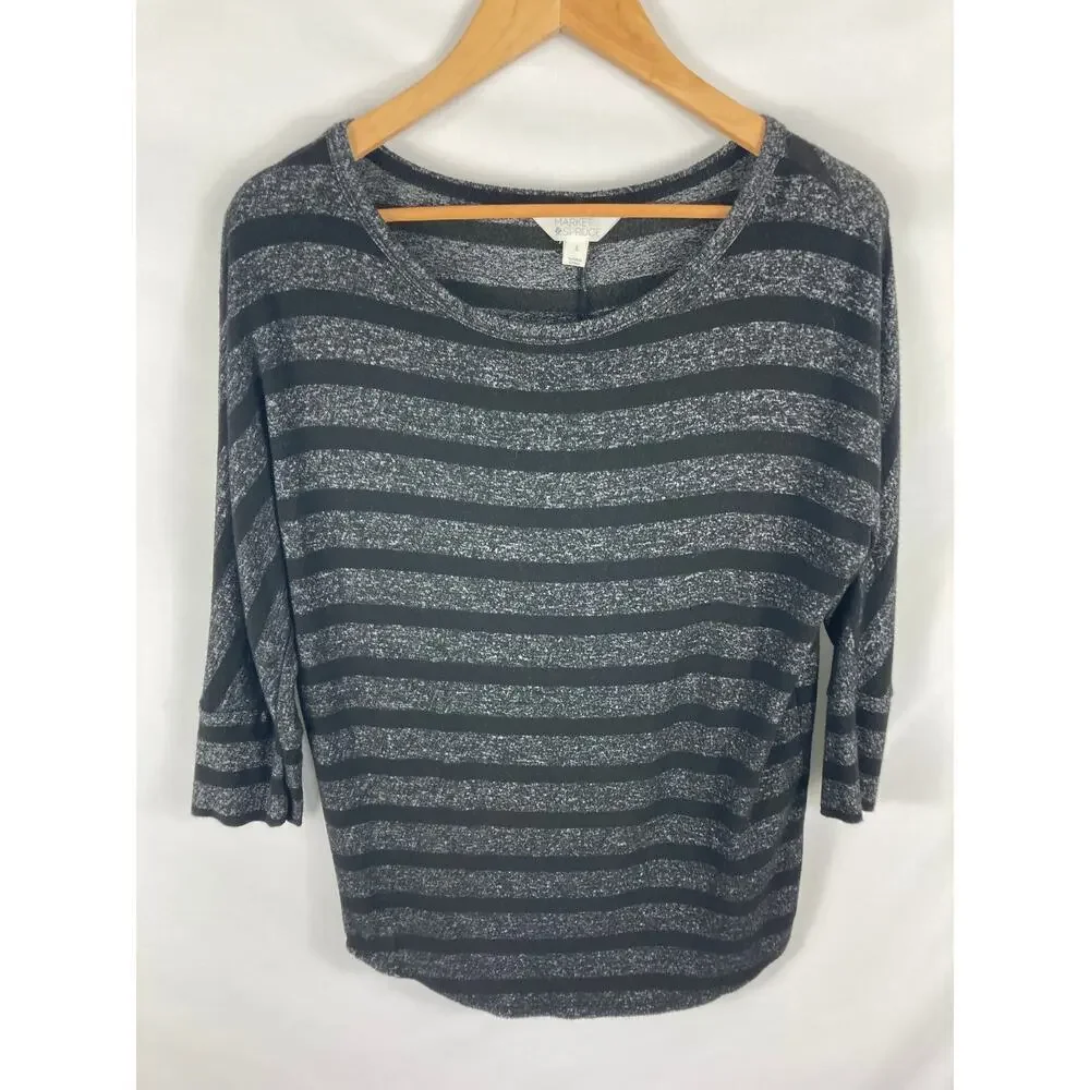 Market & Spruce Black Grey Stripe Dolman Knit Lightweight Sweater Top Size S